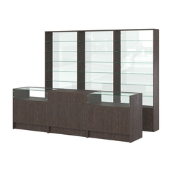 Комплект стеллажей со стеклянными полками U-6 №12-1 и прилавков ЭК-02, Дуб Венге