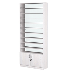 Стеллаж из ДСП с 10-ю полками 300x900 мм серии LEVEL-10 №12-1 (З/C - СТЕКЛО), Ясень Анкор светлый