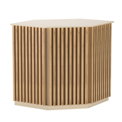 Торговый стол-прилавок шестигранный с планками серии ВЕРТИКАЛЬ №22, Крем Вайс и Дуб Золотистый