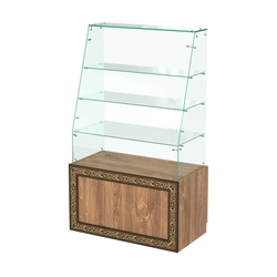 Стеклянный прилавок с декором и наклонным фасадным стеклом №СПБА-15, Дуб Канзас коричневый