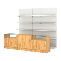 Комплект металлических стеллажей с полками и прилавков ЭК-2, Дуб Золотистый