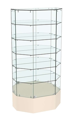 Стеклянная витрина Истра Трапеция с пятью полками и зеркальной стенкой №841, Крем Вайс
