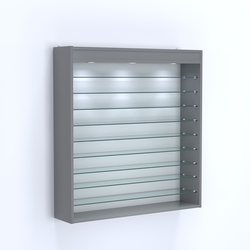 Витрина настенная №204-7Г открытая с фризом и девятью полками из стекла, Темно-Серый