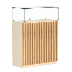 Торговый прилавок прямоугольный с планками и стеклянным колпаком ВЕРТИКАЛЬ №1, Крем Вайс и Дуб Золотистый