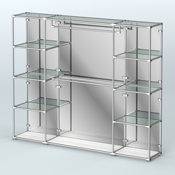 Торговая система ХРОМ (задняя стенка - зеркало) 2430 мм с прозрачными полками и поручнями №3, Ясень Анкор светлый