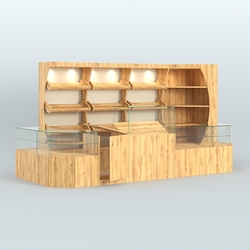 Угловой павильон со стеклянными прилавками для продажи хлеба и выпечки №3, Дуб Золотистый и Крем Вайс