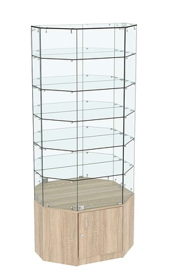 Стеклянная витрина Истра Трапеция зеркальная с накопителем №827, Дуб сонома