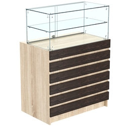 Торговый прилавок со стеклянной надставкой и фасадными панелями №1Э-01, Дуб Сонома + Дуб Венге