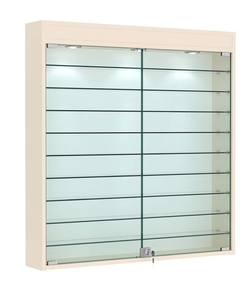 Витрина настенная №4-7А с фризом и девятью стеклянными полками, Крем Вайс