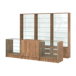 Комплект стеллажей со стеклянными полками U-6 №12-1 и прилавков ЭК-04, Дуб Канзас коричневый