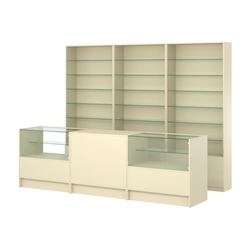 Комплект стеллажей со стеклянными полками U-6 №12 и прилавков ЭК-03, Крем Вайс