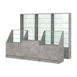 Комплект стеллажей со стеклянными полками U-6 №12-1 и прилавков ЭК-07, Бетон Чикаго светло-серый F186 ST9