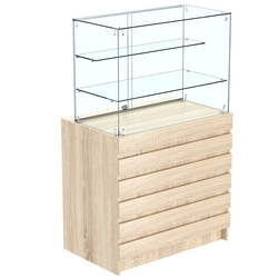 Торговый прилавок с двумя стеклянными полками и фасадными панелями №1Э-02, Дуб сонома