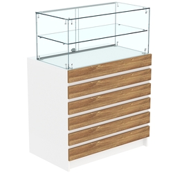 Торговый прилавок со стеклянной надставкой и фасадными панелями №1Э-01, Белый + Дуб Канзас коричневый