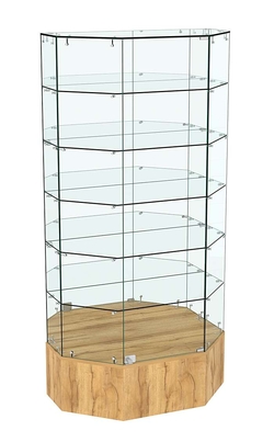 Стеклянная витрина Истра Трапеция с пятью полками и зеркальной стенкой №841, Дуб Золотистый