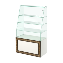 Стеклянный прилавок с декором и наклонным фасадным стеклом №СПБА-15, Белый