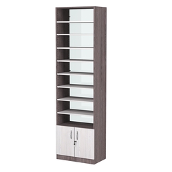 Стеллаж из ДСП с 8-ю полками 350x600 мм серии LEVEL-8 №6-1 (З/C - СТЕКЛО), Ясень Анкор темный + Ясень Анкор светлый