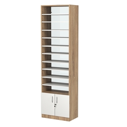 Стеллаж из ДСП с 10-ю полками 350x600 мм серии LEVEL-10 №6-1 (З/C - СТЕКЛО), Дуб Канзас коричневый + Белый