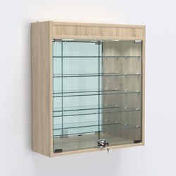 Витрина настенная №201-8А с пятью полками, подсветкой и зеркалом, Дуб Сонома