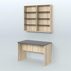 Распаковочный прямоугольный стол с антресолью для аптеки Р-02, Дуб Сонома + Черный