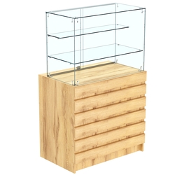 Торговый прилавок с двумя стеклянными полками и фасадными панелями №1Э-02, Дуб Золотистый