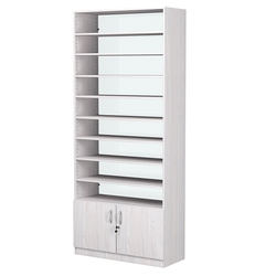 Стеллаж из ДСП с 8-ю полками 350x900 мм серии LEVEL-8 №13-1 (З/C - СТЕКЛО), Ясень Анкор светлый