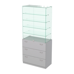 Прилавок с четырьмя стеклянными полками и выдвижными ящиками Селена-109, Серый