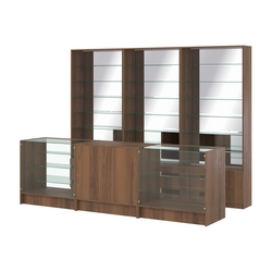 Комплект стеллажей со стеклянными полками U-6 №12-2 и прилавков ЭК-04, Орех