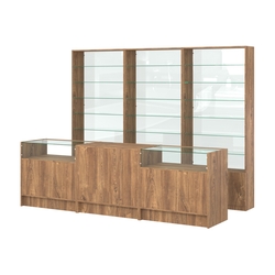 Комплект стеллажей со стеклянными полками U-6 №12-1 и прилавков ЭК-02, Дуб Канзас коричневый