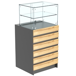 Торговый прилавок со стеклянной надставкой и фасадными панелями №5Э-01, Темно-серый и Дуб Золотистый