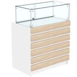 Торговый прилавок с прозрачным колпаком и фасадными панелями №1Э-14, Белый + Дуб Сонома