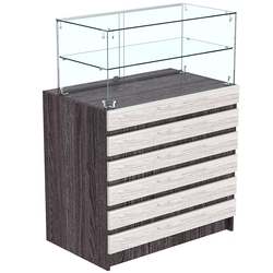 Торговый прилавок со стеклянной надставкой и фасадными панелями №1Э-01, Ясень Анкор темный + Ясень Анкор светлый