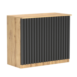 Торговый стол-прилавок широкий с планками серии ВЕРТИКАЛЬ №20, Дуб Золотистый и Темно-Серый