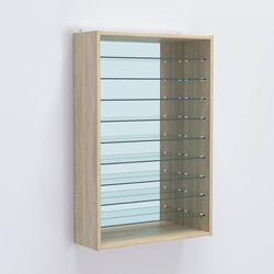 Витрина настенная №202-6Г открытая с девятью полками и зеркалом, Дуб Сонома