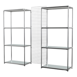Сетчатый стеллаж СТИЛЬ с зеркальными полками и решеткой №31-4, Метрополитан Грей