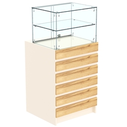 Торговый прилавок со стеклянной надставкой и фасадными панелями №5Э-01, Крем Вайс и Дуб Золотистый
