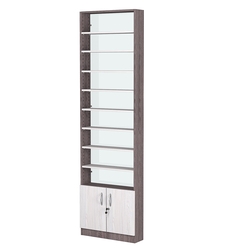 Стеллаж из ДСП с 8-ю полками 150x600 мм серии LEVEL-8 №2-1 (З/C - СТЕКЛО), Ясень Анкор темный + Ясень Анкор светлый