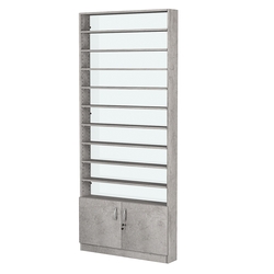 Стеллаж из ДСП с 10-ю полками 150x900 мм серии LEVEL-10 №9-1 (З/C - СТЕКЛО), Бетон Чикаго светло-серый F186 ST9