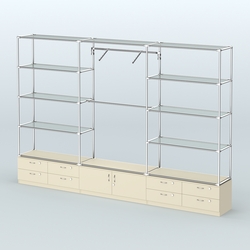 Торговая система ХРОМ без ДСП 3600 мм с тумбами Т14, Т21, прозрачными полками и поручнями №5, Крем Вайс