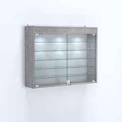 Витрина настенная №203-7А широкая с фризом и пятью стеклянными полками, Бетон Чикаго светло-серый F186 ST9