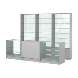 Комплект стеллажей со стеклянными полками U-6 №12-1 и прилавков ЭК-04, Серый