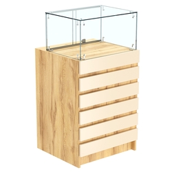 Торговый прилавок с прозрачной витриной и фасадным декором №5Э-14, Дуб Золотистый и Крем Вайс