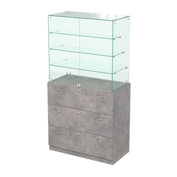 Прилавок с тремя стеклянными полками и выдвижными ящиками Селена-103, Бетон Чикаго светло-серый F186 ST9