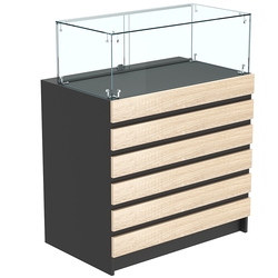 Торговый прилавок с прозрачным колпаком и фасадными панелями №1Э-14, Черный + Дуб Сонома