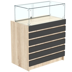 Торговый прилавок с прозрачным колпаком и фасадными панелями №1Э-14, Дуб Сонома + Черный