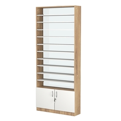 Стеллаж из ДСП с 10-ю полками 250x900 мм серии LEVEL-10 №11-1 (З/C - СТЕКЛО), Дуб Канзас коричневый + Белый