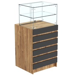 Торговый прилавок со стеклянной надставкой и фасадными панелями №5Э-01, Дуб Канзас коричневый + Черный