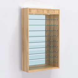 Витрина настенная №202-8Г открытая с девятью полками и зеркальной стенкой, Дуб Золотистый
