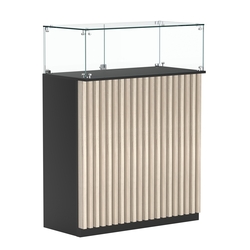 Торговый прилавок прямоугольный с планками и стеклянным колпаком ВЕРТИКАЛЬ №1, Черный + Дуб Сонома