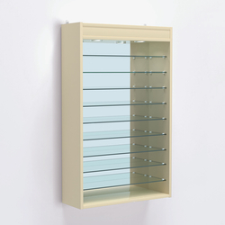 Витрина настенная №202-8Г открытая с девятью полками и зеркальной стенкой, Крем Вайс